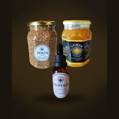 Trío completo ApiMan: polen 1 kg, miel cruda 1 kg y tres propóleo en gotas