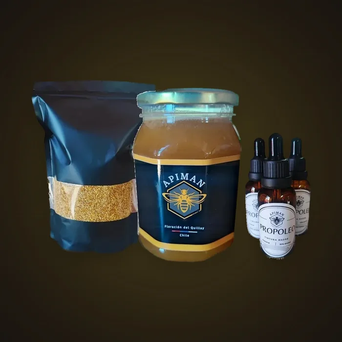 Trío completo ApiMan: polen 1 kg, miel cruda 1 kg y tres propóleo en gotas